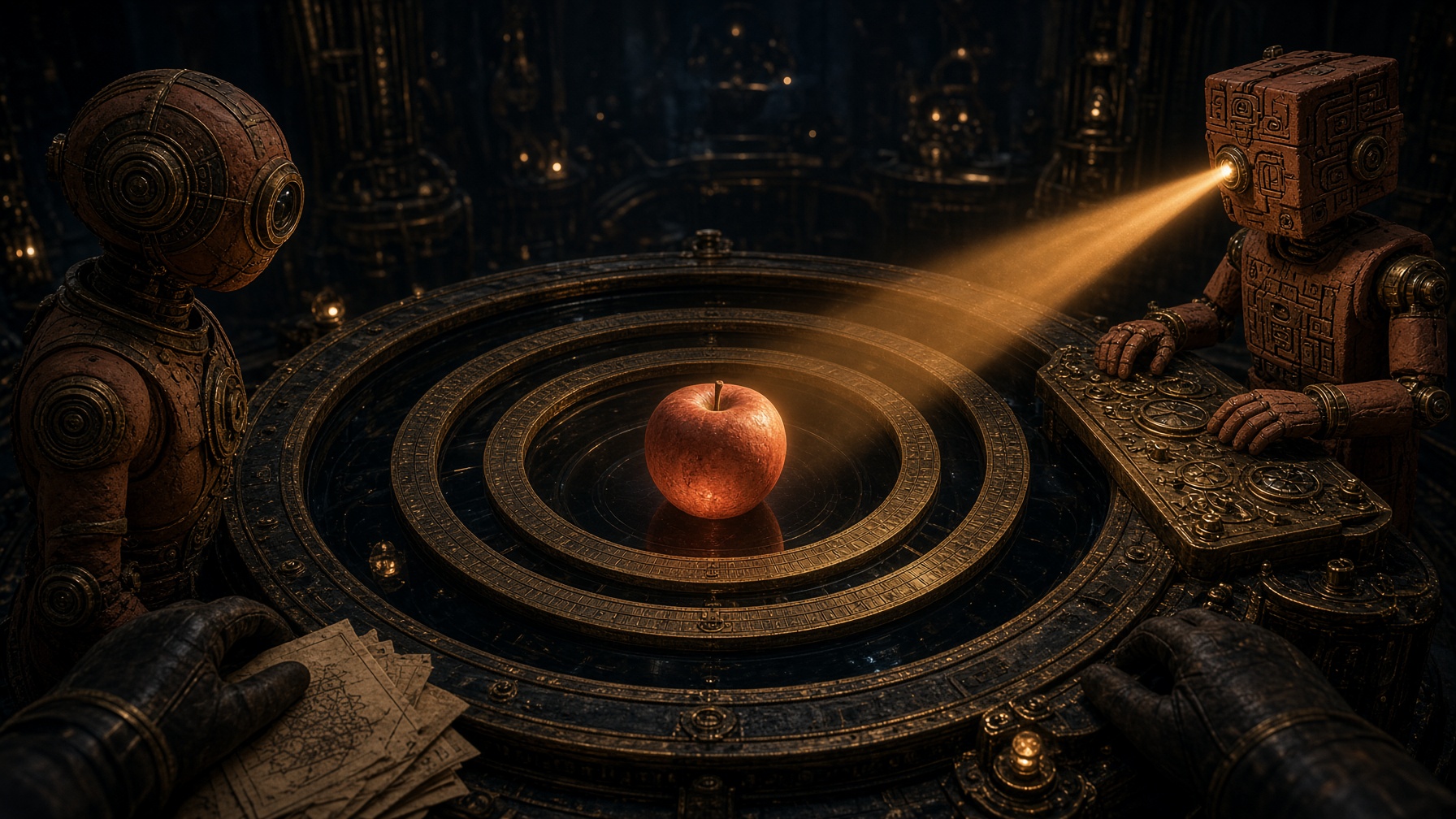 AVE and ADM stand at a circular brass observatory well. A terracotta apple of attention glows at the center while a brass sweep crosses black glass.
