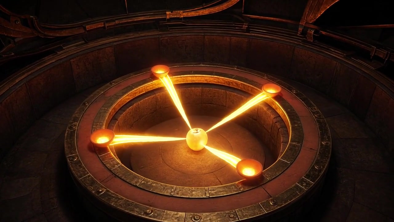 Four terracotta bowls on a brass observatory well catch equal gold ribbons from a glowing fruit.