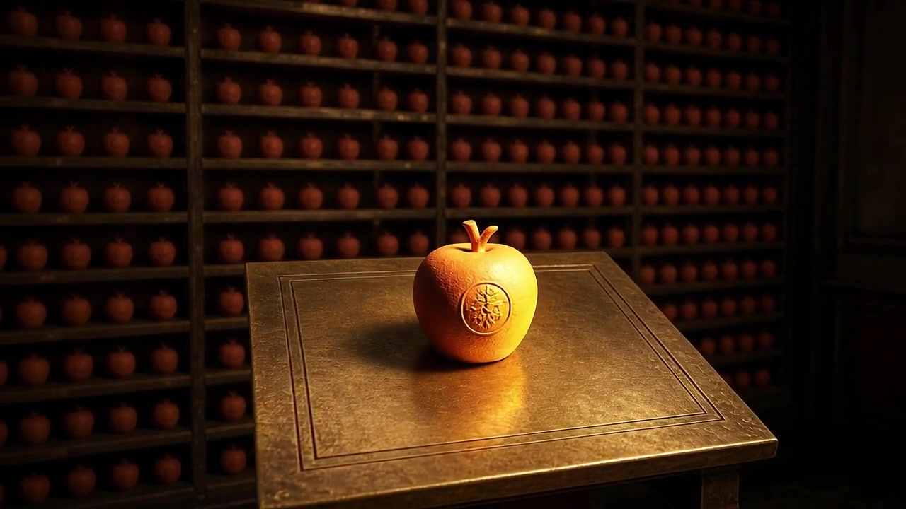 111 terracotta apple-tokens on brass archive shelves, one gold-lit token on a lectern.
